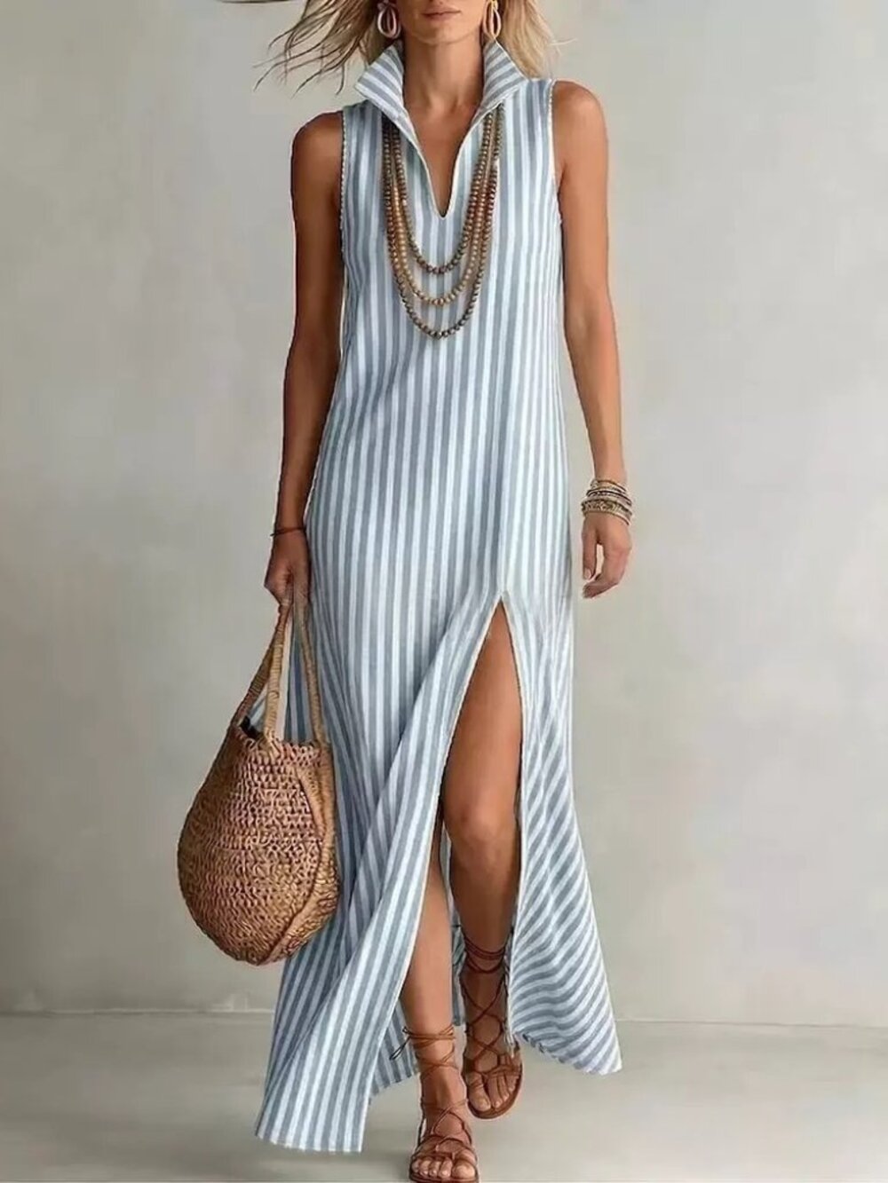 Women's Striped Stand Collar Side-Slit Camisole Maxi Dress